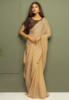 Beige Colour Saree, Plain Chiffon Saree, Indian Wedding Party, Khaki Colour, Wedding Party Wear