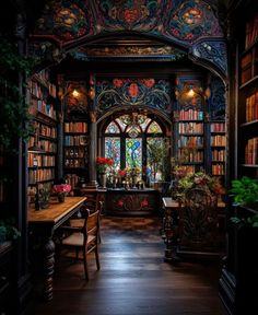 an old library with many bookshelves and plants on the desk in front of it