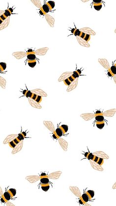 bees are flying in the air on a white background with black and yellow stripes,