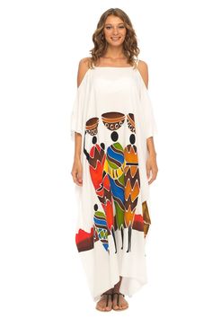 Show off your shoulders with this well-crafted long kaftan dress. Hand-painted tribal designs make this a one-of-a-kind pull-on dress. Have some fun with your wardrobe and slip into this very soft and lightweight dress. Hand-painted tribal design Cold-shoulder sleeves Soft and lightweight rayon material Hand wash cold, hag to dry. Bohemian Off-shoulder Maxi Dress For Beach Season, Multicolor Printed Off-shoulder Maxi Dress, Multicolor Off-shoulder Maxi Dress For Beach, White Bohemian Off-shoulder Maxi Dress, African Attire For Women, Long Beach Cover Up, Plus Size Caftan, Dashiki Outfit, Long Kaftan Dress