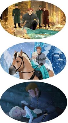 three different pictures of people riding horses in the snow and one has a horse on it