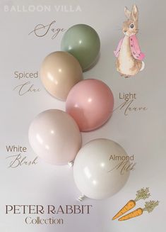 four balloons are shown with the names of each balloon in front of them and an image of a rabbit