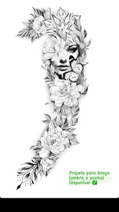 a black and white drawing of a woman's face with flowers around her neck