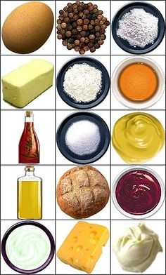 several different types of food are arranged in squares