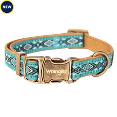 a blue dog collar with a gold buckle on it's side and the words wrangler written in large letters