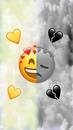 two faces with hearts on them and one has an emoticive expression in the sky