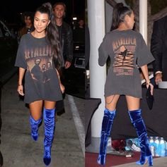 Kourtney Kardashian. Thigh high boots. Blue velvet boots. Band tshirt. Tshirt dress. Long high sleek ponytail. Velvet Thigh High Boots, Blue Velvet Boots, Thigh High Boots Outfit, Tshirt Dress Outfit, Estilo Kardashian, High Boots Outfit, Summer Boots, Velvet Boots, Cooler Look