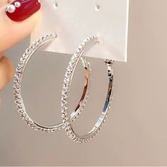 Silver Cubic Zirconia Bling Hoop Earrings 30 Mm Hypoallergenic Nickel Free Light Weight Comfortable Trendy Cubic Zirconia Hoop Earrings, Sparkling Hoop Earrings As Gift, Sparkling Round Hoop Earrings As Gift, Sparkling Hoop Earrings For Gift, Sparkling Round Hoop Earrings For Gift, Trendy Sparkling Hoop Earrings, Hypoallergenic Hoop Earrings For Party, Sparkling Hoop Earrings For Everyday, Everyday Sparkling Hoop Earrings