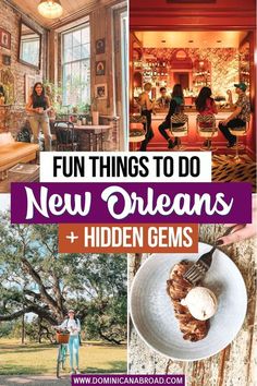 two people standing in front of a tree with the words fun things to do new orleans and hidden gems