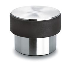 a stainless steel and black knob on a white background with the lid open to show it's inner surface