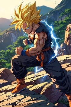 the dragon ball character is posing on top of a rock with lightning coming out of his chest