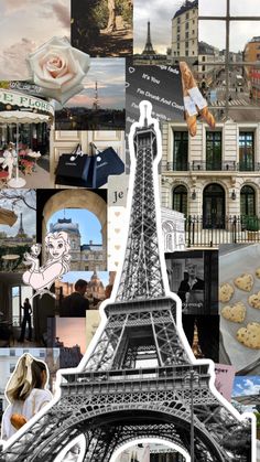 the eiffel tower is surrounded by many pictures