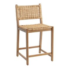 a wooden chair with wicker seat and backrests on white background, side view