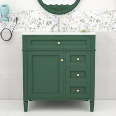 a bathroom vanity with green cabinet and mirror