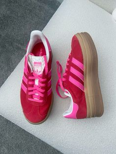 #adidas Outfits With Colorful Shoes, Pink And Red Adidas, Colourful Adidas Shoes, Adidas Gazelle Bold Outfit, Gazelle Bold Outfit, Pink Red Outfit, Platform Gazelle, Colourful Trainers, Satellite Stompers