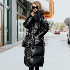 LOVEMI - Mid-length Thickened Shiny Women's Padded Jacket Moncler Coat, Mode Mantel, Coat With Fur, Long Overcoat, Long Parka, Black Streetwear, Collared Coat, Cotton Coat, Brown Jacket