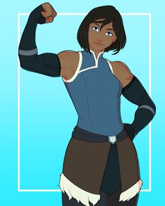 an animated woman in a blue shirt and black pants with her arms up, posing for the