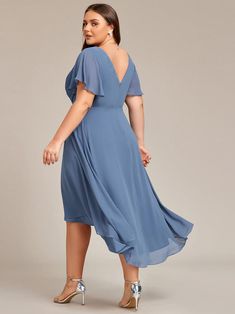 Plus Size Double V-Neck Ruffles Sleeve Chiffon Midi Wedding Guest Dress #color_Dusty Navy Chiffon Midi Dress With Ruffles For Wedding, Elegant Chiffon Bridesmaid Dress For Banquet, Chiffon Midi Length Wedding Dress, Wedding Midi-length Chiffon Dress, Chiffon Midi Dress For Wedding, Midi Length Chiffon Wedding Dress, Wedding Chiffon Midi Dress, Elegant Chiffon Ruffle Dress For Banquet, Chiffon Ruffle Midi Dress For Wedding Guests