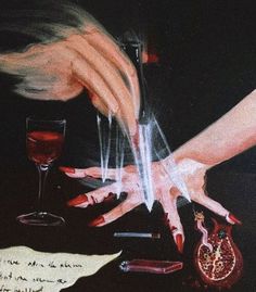 a painting of two hands reaching for a glass of wine with writing on the table