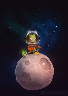 a cartoon character sitting on top of a moon