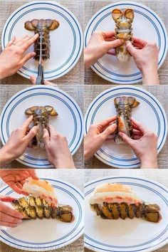 the process of making lobster sandwiches is shown in four different pictures, including one being cut and placed on a plate