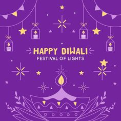 happy diwali festival of lights on purple background with hanging lanterns and stars in the sky