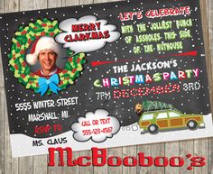 a christmas party flyer with an image of a man in santa's hat and car