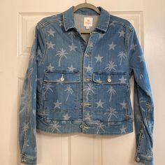 Never Worn! New Without Tags Size Medium Medium Denim Blue Jacket With Palm Trees And Stars Print Casual Star Print Denim Jacket, Casual Winter Denim Jacket With Star Print, Casual Denim Jacket With Star Print For Winter, Trendy Denim Jacket With Star Print, Trendy Denim Jacket With Star Print For Spring, Casual Denim Jacket With Star Print, Casual Denim Jacket With Star Print For Spring, Casual Star Print Denim Jacket For Spring, Spring Denim Jacket With Star Print