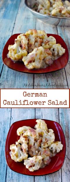 german cauliflower salad on a red plate with the title above it in two separate images