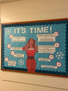 a bulletin board with information about women in red dresses