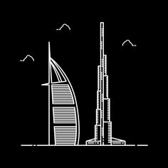 a black and white drawing of a burj building in the middle of the ocean