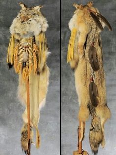 two pictures of an animal's head with feathers and furs on it, next to each other