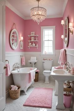 a bathroom decorated in pink and white with a chandelier above the bathtub