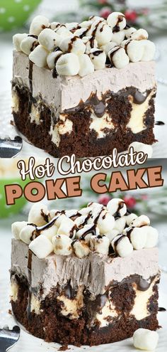 there is a piece of cake with chocolate and marshmallows on it that has the words hot chocolate poke cake