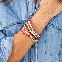 Take the guesswork out of that must-have layered look with our 10-strand bracelet packs! Perfectly curated into stacks that look great when worn together to make a statement, but can also be worn separately for a minimal aesthetic. Plus, they look great styled on either side of your watch! --DETAILS-- 6.75" Interior x .13" W per strand Handmade by skilled artisans in India Hypoallergenic nickel + lead-free brass hardware These accessories are made by human hands. A slight variation in size and color is considered part of the beauty of these one-of-a-kind pieces. To extend the life of your accessories, store them in a dry place while swimming, showering, or working out. Original design copyright INK+ALLOY© --END OF DETAILS-- White Bohemian Braided Bracelets For Everyday, Bohemian Stacked Beaded Bracelets, Bohemian Stacked Round Beaded Bracelets, Stacked Bohemian Beaded Bracelets, Bohemian Stacked Beaded Bracelets With Round Beads, White Round Beads Bracelets For Layering, Adjustable Multi-strand Bracelet, Adjustable Multi-strand Beaded Bracelets For Everyday, Trendy White Stacked Beaded Bracelets