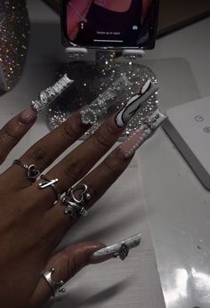 Birthday Nails Aquarius Long, Long Nails Black Women, Birthday Nails Square Long, Xxl Nail Ideas, Nails For Bday, Nail Sets Ideas, Wet Nails Look, Birthday Nail Inspo Acrylic, Sagittarius Nails Acrylic