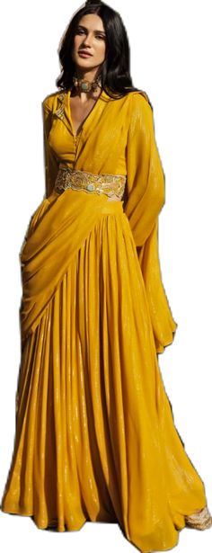 Anarkali Long Sleeve Pre-draped Saree For Diwali, Fitted Long Sleeve Pre-draped Saree For Eid, Elegant Long Sleeve Pre-draped Saree For Festive Occasions, Elegant Long Sleeve Pre-draped Festive Saree, Formal Festive Anarkali Pre-draped Saree, Traditional Pre-draped Saree For Navratri, Navratri Party Wear Pre-draped Saree, Gold Pre-draped Saree For Navratri Party, Elegant Yellow Pre-draped Saree With Traditional Drape