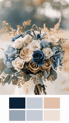 a wedding bouquet with blue and white flowers is shown in the color scheme for this photo