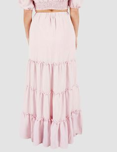 Step out in style with the Paloma! This chic three-tier ruffle long skirt in blush is the perfect addition to any wardrobe—especially for those who love to wow the crowd. The long skirt with its own unique tiers adds an extra fun element to it. Whether you're headed to brunch with your friends, a date or an outdoor get-together, this ensemble is sure to make any event an unforgettable one. Add our matching Paloma top to complete the set! Model is wearing a size small. Imported Machine wash cold, Brunch Tiered Maxi Skirt With Ruffles, Brunch Ruffle Hem Tiered Maxi Skirt, Brunch Tiered Ruffle Maxi Skirt, Tiered Ruffle Maxi Skirt For Brunch, Tiered Ruffle Hem Skirt For Brunch, Chic Tiered Skirt For Spring, Chic Tiered Maxi Skirt For Summer, Feminine Tiered Ruffle Maxi Skirt, Flowy Tiered Skirt For Brunch