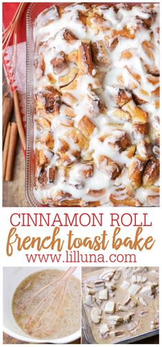 cinnamon roll french toast bake with white icing and cinnamon sticks in the background