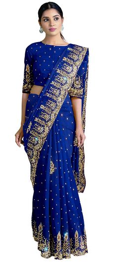 Bridal, Wedding Blue color Saree in Georgette fabric with Classic Stone work : 1739344 Traditional Blue Pre-draped Saree For Party, Traditional Blue Pre-draped Saree For Festivals, Elegant Blue Pre-draped Saree For Navratri, Festive Blue Art Silk Pre-draped Saree, Traditional Blue Pre-draped Saree With Dupatta, Festive Blue Georgette Pre-draped Saree, Blue Georgette Pre-draped Saree With Pallu, Unstitched Blue Pre-draped Saree With Intricate Embroidery, Bollywood Style Blue Pre-draped Saree For Eid