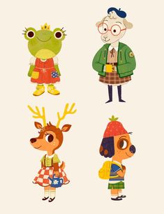 four cartoon animals wearing different outfits and hats, one is an old man with glasses