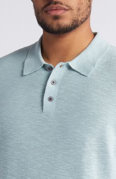 Airy linen and cotton bring a soft, lightweight feel to a classic-fit polo-sweater perfect for warm weather. 27" length (size medium) Button half placket Spread collar Short sleeves 53% linen, 47% cotton Machine wash, dry flat Imported Blue Casual Polo Sweater With Polo Collar, Blue Casual Polo Sweater, Casual Cotton Polo Sweater For Spring, Casual Blue Polo Sweater, Spring Cotton Relaxed Fit Polo Sweater, Relaxed Fit Cotton Polo Sweater For Spring, Casual Cotton Polo Sweater With Seamless Collar, Polo Sweater, Cotton Polo