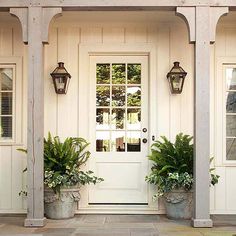 a white door with two potted plants in front of it