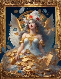 a painting of an angel surrounded by gold coins