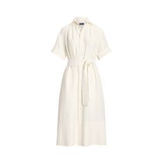 Woven with a lightweight blend of mulberry silk linen and cotton this A-line shirtdress is detailed with top-stitching at the cuffs and hem. It features side on-seam pockets and a self-belt at the waist. Elegant Shirt Dress With Roll-up Sleeves For Daywear, Collared Midi Dress With Placket, Chic White Linen Workwear Dress, Elegant Short Sleeve Linen Dress For Work, Chic White Linen Dress For Work, Classic Shirt Dress With Rolled Sleeves For Daywear, Midi Dress With Spread Collar And Placket For Work, Classic Linen Summer Dress For Daywear, Chic Button-up Linen Dress