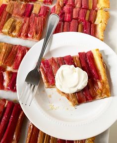 a white plate topped with rhubarb tart