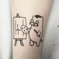 a cartoon character is drawing on the leg of a woman's leg, while she stands in front of an easel