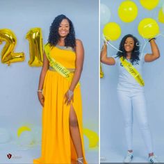 two women in yellow dresses holding balloons and smiling at the camera, one is wearing a sash