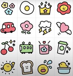 various stickers that are on the side of a white wall, including food and drinks